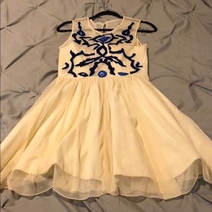 Cream and blue cocktail evening dress.